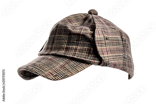 Brown checkered deerstalker hat isolated on transparent background for vintage aesthetic.