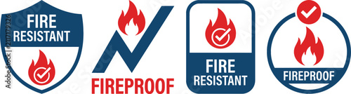 Obraz na płótnie Fireproof and Fire Resistant Certification Label Icon Set Featuring Shield Badge