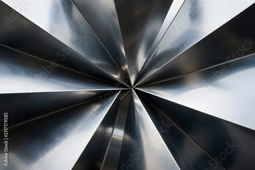 Abstract crystalline structures with reflective metallic surfaces converging into a dramatic geometric composition