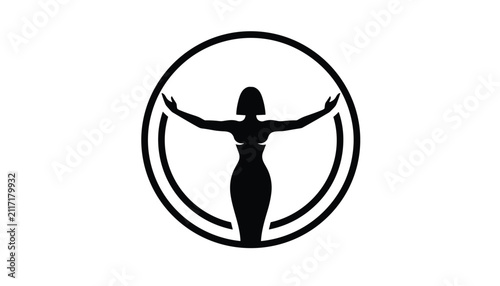 Silhouette of a graceful woman standing with arms outstretched inside a concentric circular frame emblem.