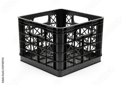 Empty black plastic milk crate for storage and organization
