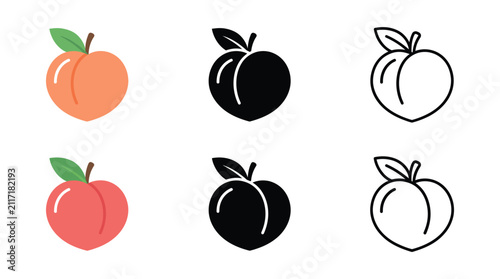 Set of peach fruit icons in flat color solid black and line art styles for food design