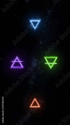  glowing  icons representing the elements: fire, water, air, and earth. Each symbol is rendered in a distinct color and pattern