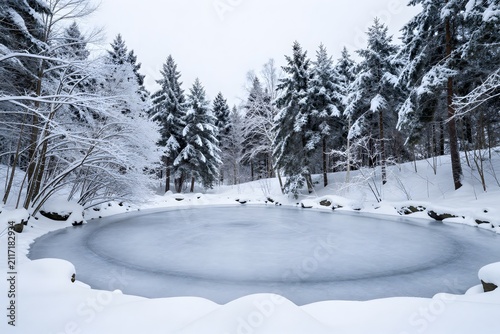 Frozen lake surrounded by snow covered trees