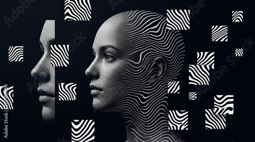 Stylized human face profile rendered in black and white patterns, suggesting data or digital transformation, concept of artificial intelligence or identity.
