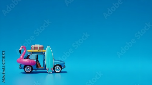 Toy car loaded with luggage and surfboard ready for a fun summer bank holiday road trip adventure