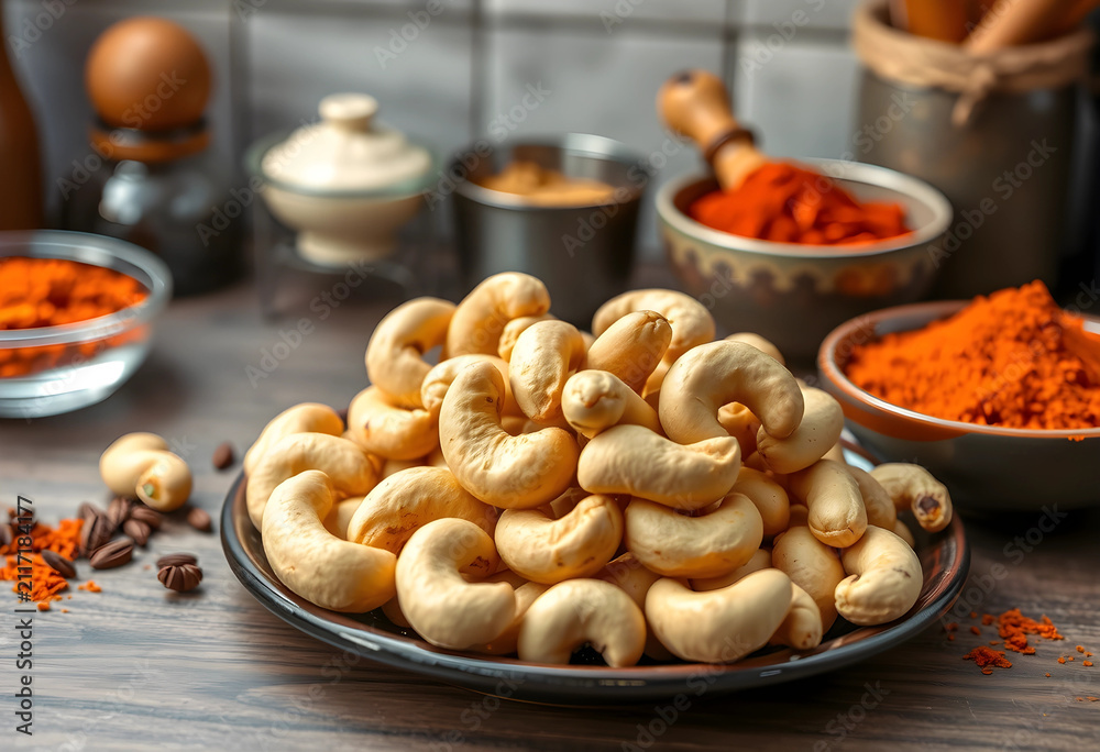 Fototapeta premium Pile of raw cashew nuts on a dark plate with spices and ingredients in the background on a wooden table, Various spices and cooking ingredients in bowls are visible in the blurred background