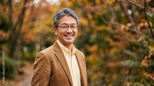 Portrait of a happy middle-aged Asian man smiling cheerfully while standing outdoors in an autumn park with blurred colorful fall foliage background