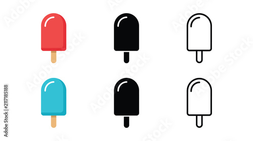 Set of colorful ice cream popsicle icons in flat solid and outline styles for summer design