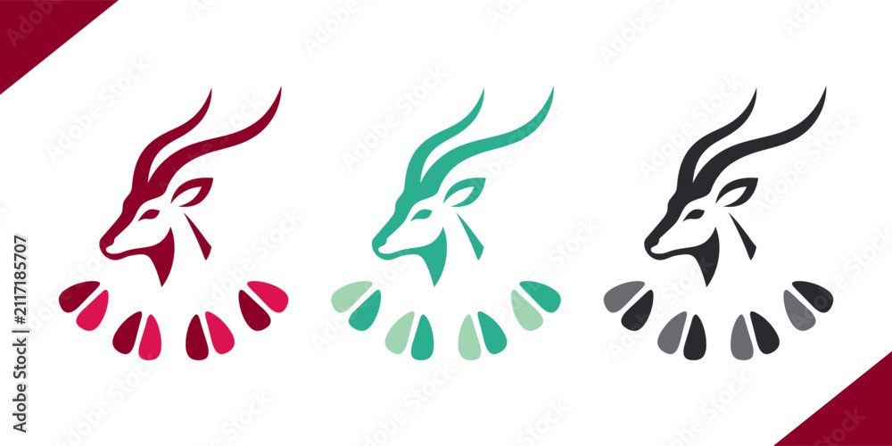 Obraz premium Minimalist vector illustration showing the stylized face of an antelope or gazelle in three different color variations