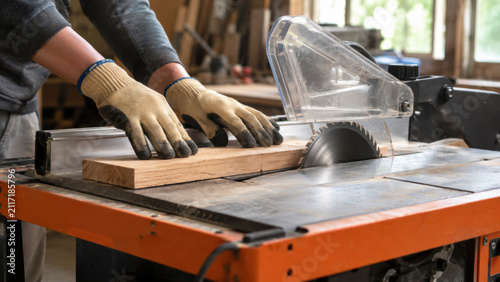 Gloved hands feeding wood through table saw with safety guard visible in workshop