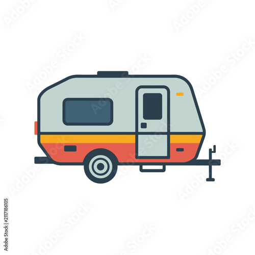 Retro camper trailer, vintage caravan, travel and adventure, road trip, outdoor leisure, pastel colors, illustration