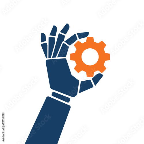 Robotic hand holding an orange gear cog, symbolizing automation, industry, and technology solutions, AI development concept