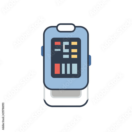 Pixel art pulse oximeter displaying readings, medical device for oxygen saturation and heart rate monitoring, healthcare technology icon