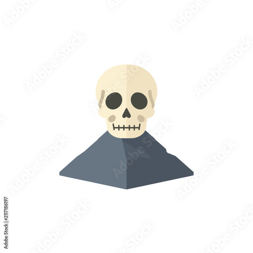 Pixel art skull on a dark blue pyramid shape, isolated on white, representing danger or mortality