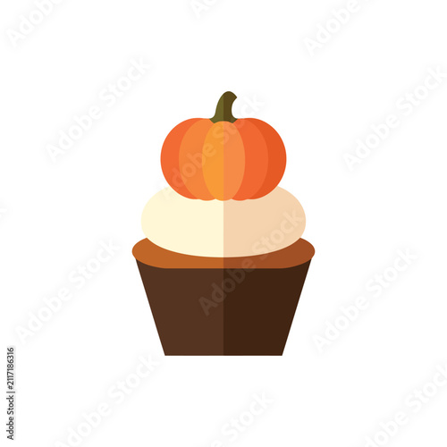 Pumpkin spice cupcake with frosting and a small pumpkin on top, flat icon for fall holidays