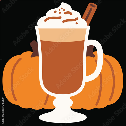 Pumpkin spice latte with whipped cream and cinnamon stick, decorated pumpkins in background, autumn drink