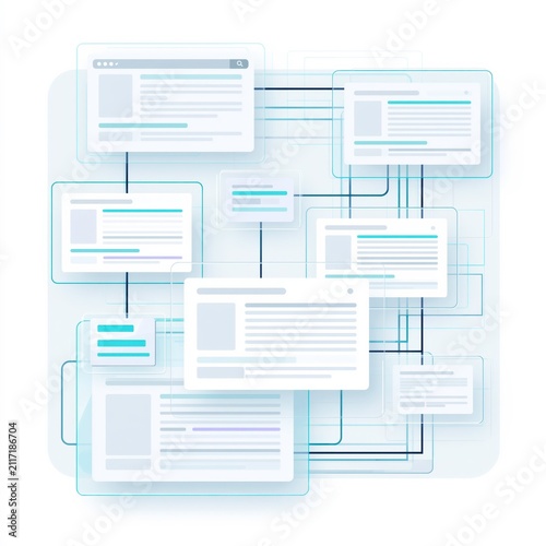 Network diagram showing connections between different web pages and nodes on a digital interface