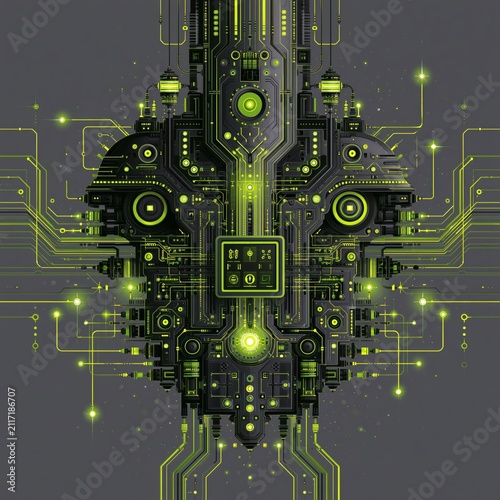 Futuristic technology design with circuits and lights in green and black colors showing complex structures