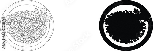 Quadro su tela Bowl of Salad Food Vector Illustration Line Art and Silhouette Top View