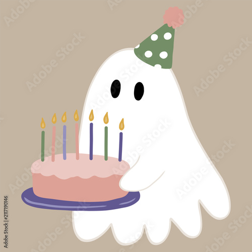 Cute ghost carrying a pink birthday cake with glowing candles and a party hat, perfect for birthday cards, party invitations