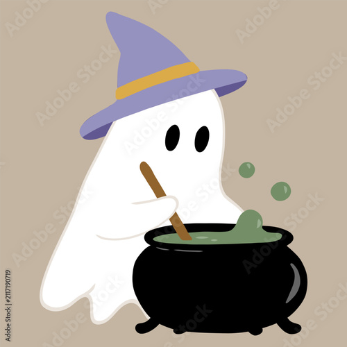 Cute ghost in a purple witch hat stirring a green potion in a black cauldron, perfect for Halloween cards, party posters