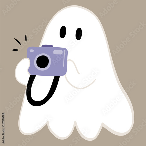 Cute ghost taking a photo with a purple camera on a beige background, perfect for stickers, social media