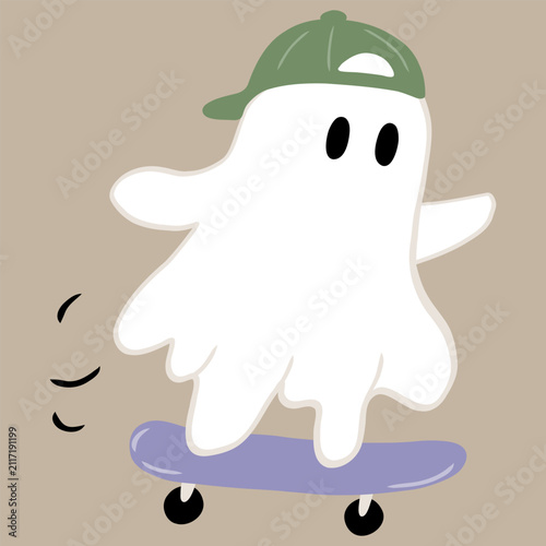 Cute ghost skateboarding in a green cap on a purple skateboard, perfect for kids posters, stickers
