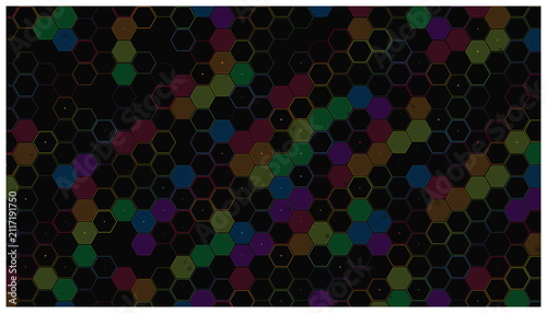 Colorful hexagonal pattern on black background futuristic technology design.