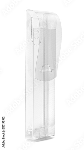 Blank transparent plastic box package mockup with hanger isolated on white background