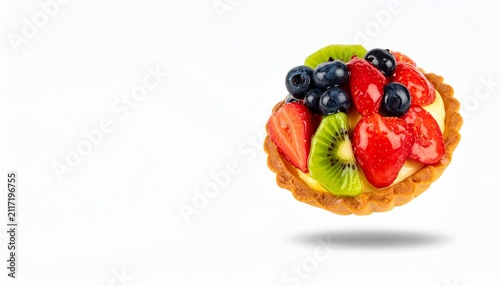 Delicious Fresh Fruit Tart with Strawberries, Blueberries and Kiwi Slices Suspended in Air on White Background