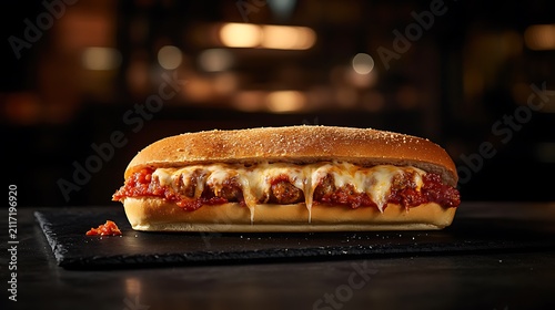 Meatball sub sandwich with melted cheese and marinara sauce on a dark background.