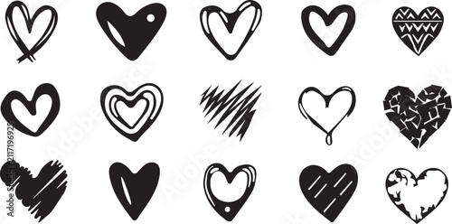 Hand drawn black heart vector set isolated on white background, doodle love heart icons collection for Valentine's day decor and romantic graphic design