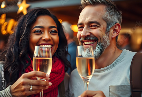 Happy diverse couple toasti...