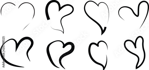 Calligraphy brush stroke heart vector set, minimalist continuous line drawn heart shapes isolated on white background for wedding invitation and romance branding
