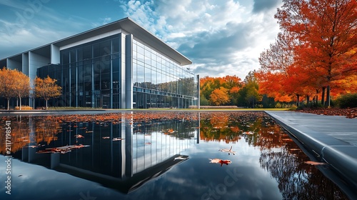 Modern building reflected in autumnal pond.