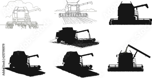 Cuadro en lienzo Combine harvester illustrations, agricultural machinery, crop harvesting, field