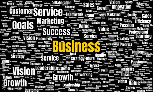 Business Word Cloud with Related Keywords on Black Background