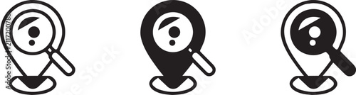 Map pin location icon set with magnifying glass search symbol, search location marker vector icons in outline and filled styles isolated on white background for app UI