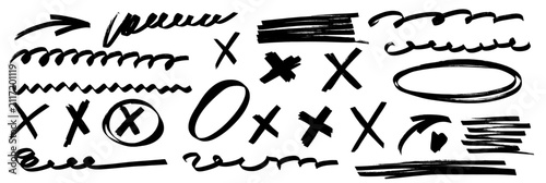 Hand drawn marker and brush highlight set. Pen doodle, pencil paint, circle and arrow lines with bold underline. Highlight strokes and marker arrow underline elements.