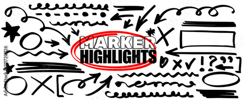 Brush pen doodle and marker highlight drawn by pencil and paint. Circle, arrow and underline lines. Marker arrow, highlight underline and doodle brush paint elements.