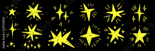 A simple crayon starburst glows like a comet on paper. Star shapes and snowflakes shine through this vector set where every star repeats the crayon starburst magic.