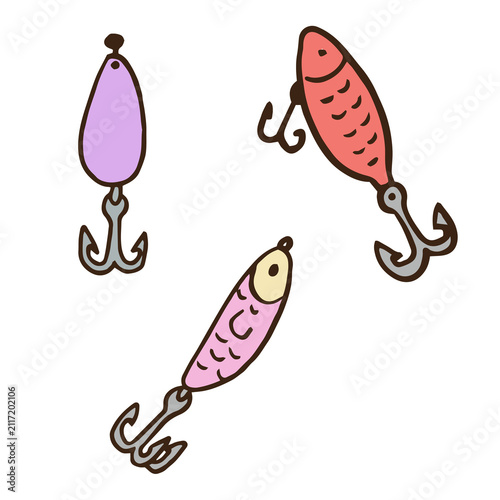 Quadro su tela Set of Colorful Fishing Lures and Baits Vector Illustration