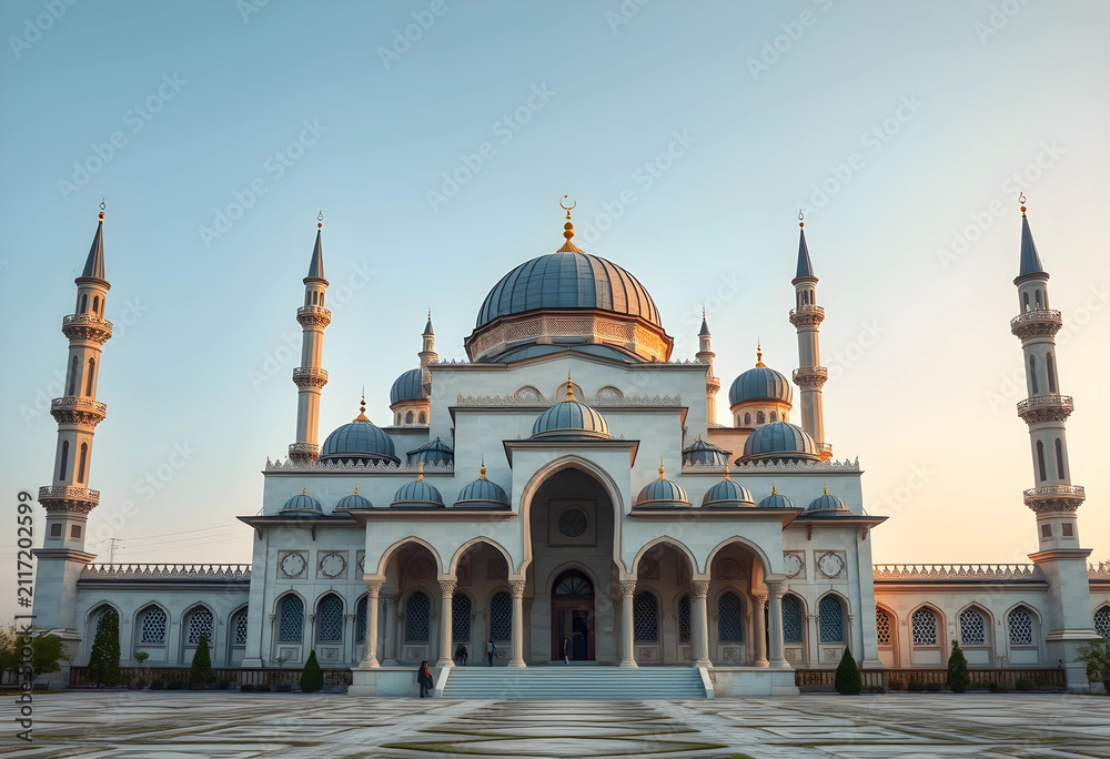 Fototapeta premium Grand mosque with multiple domes and minarets under a clear sky, islamic architecture and religious building, the islamic architecture features intricate details and a serene facade