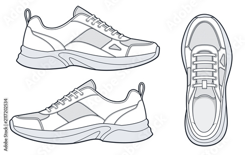 Foto Athletic Sneaker Fashion Flat Technical Drawing Template, outline, lateral, medial and top views, Footwear CAD Mockup
