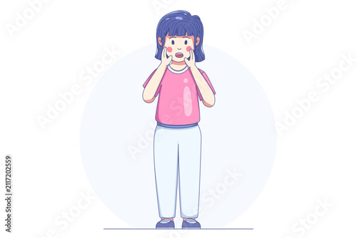 Young girl holding her cheeks with a surprised facial expression, showing shock, amazement, and emotional reaction