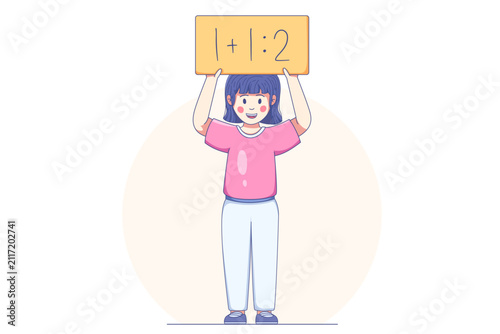 Asian girl holding board with basic math equation in elementary school education concept