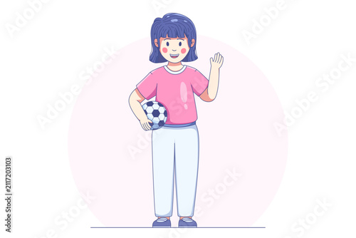 Asian girl holding soccer ball and waving hand in youth sports and active lifestyle concept