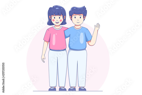 Cheerful cartoon boy and girl standing together, boy waving with arm around girl's shoulder