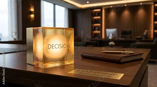 A glowing golden cube with the word decision engraved on it sits on a luxurious wooden executive desk in an office